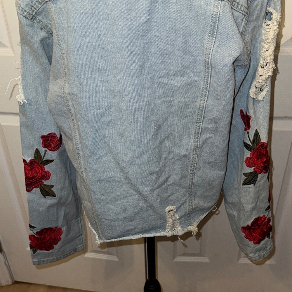 Say What? Light Blue Denim Jacket with Red Floral Accents - Picture 6 of 9